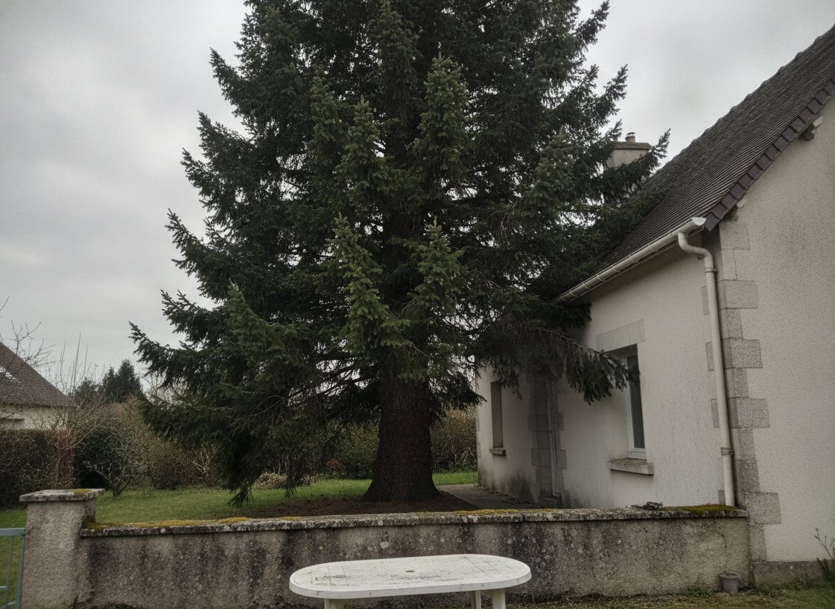 Avant les travaux : démontage d'un grand résineux en bordure de jardin (photo d'illustration)