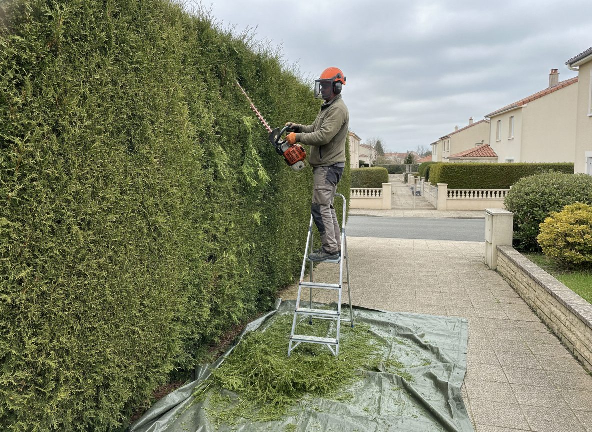 Ouvrier qui taille une haie au taille-haie, sur un escabeau (photo d'illustration)