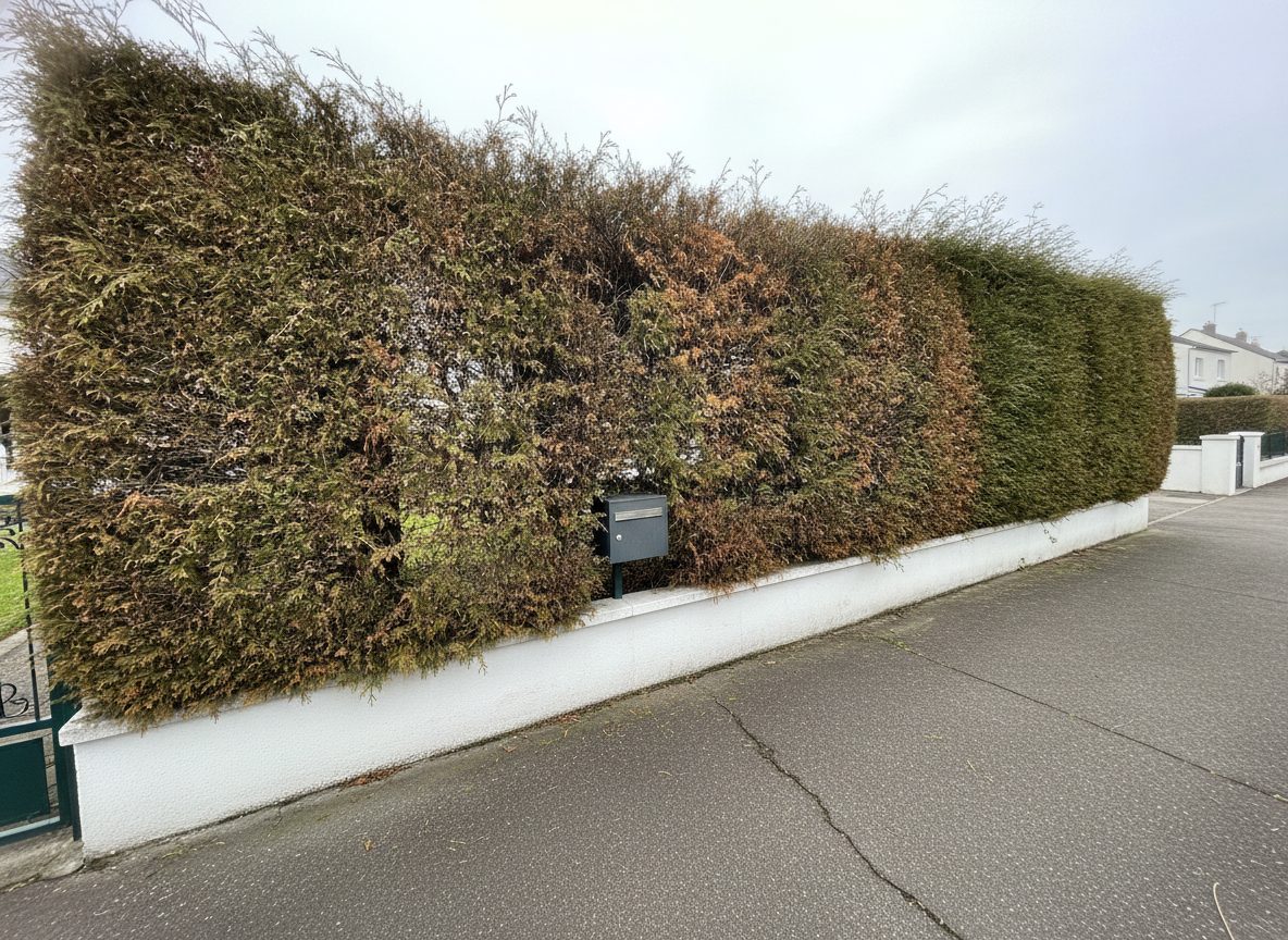 Avant les travaux : taille d'une haie de thuyas qui déborde sur un muret (photo d'illustration)